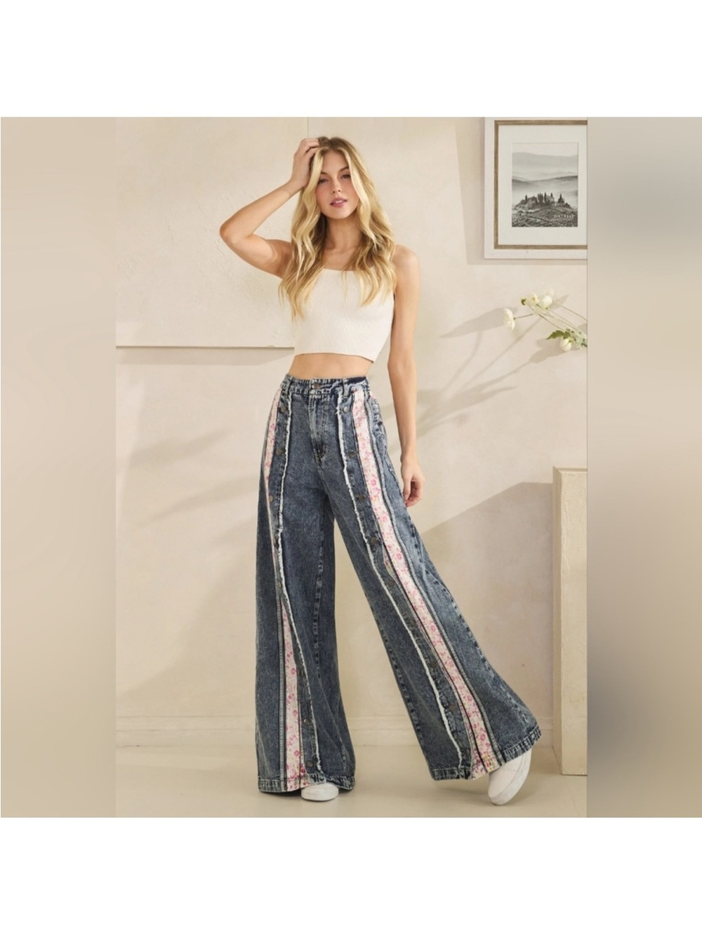 New: Oli & Hali “Blossom Trail” Boho Floral Panels Wide Leg Jeans•Medium